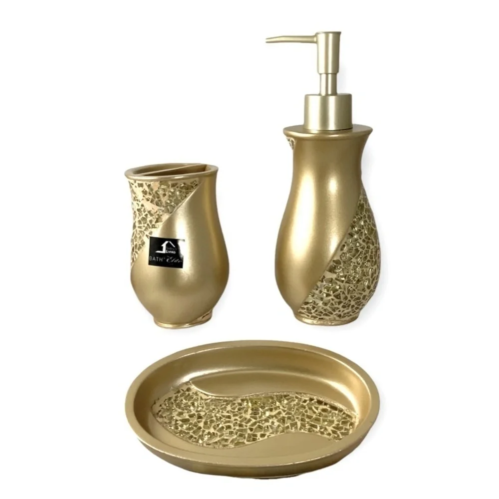 Champagne Gold Mosaic Glass Sparkle Sinatra Bath Accessory Matching 3 Pieces